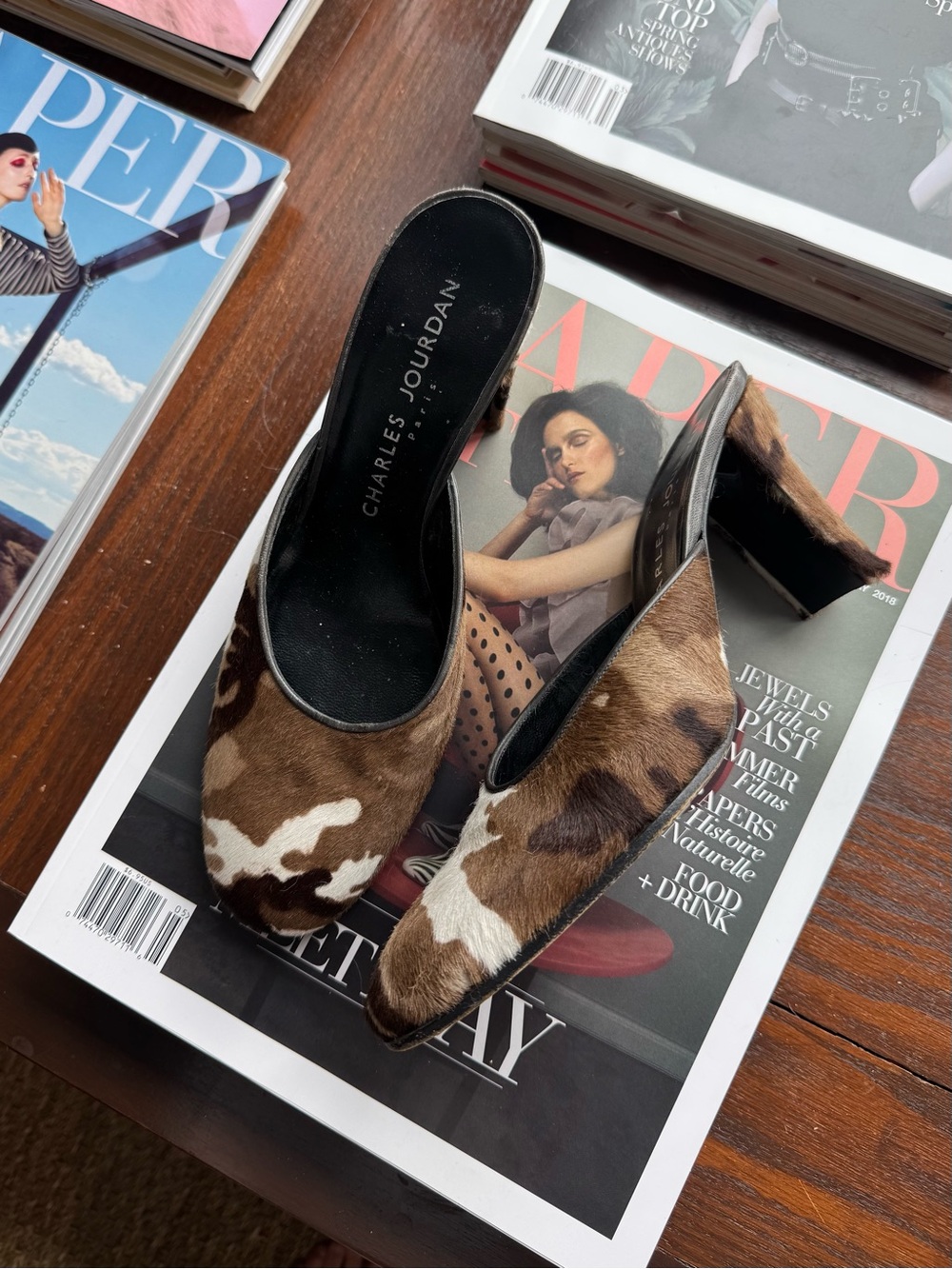 Charles Jourdan Brown & White Cowhide Slip-On Mules